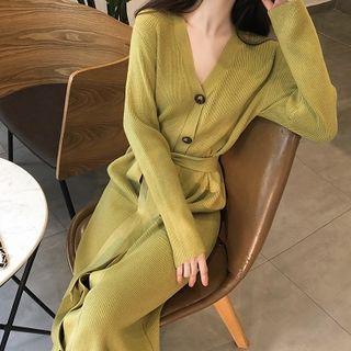 V-neck Tie-neck Long-sleeve Midi Knit Dress