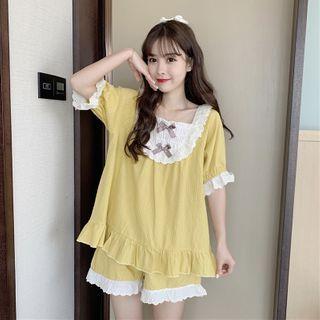 Set: Short-sleeve Ribbon Bow Top + Shorts