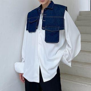 Long-sleeve Denim Panel Shirt Blue - One Size
