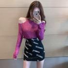 Chain-neckline Off-shoulder Light Knit Top / Belted-waist Printed Mini Skirt