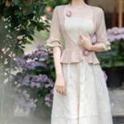 Flared-sleeve Flower Detail Blouse / Midi A-line Skirt / Set