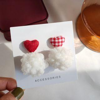 Heart Pom Pom Asymmetrical Dangle Earring 1 Pair - Asymmetric - Red & White - One Size