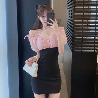 Puff-sleeve Cold Shoulder Lace Mini Bodycon Dress