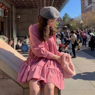 Lantern-sleeve Mini A-line Dress Pink - One Size