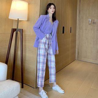 Cropped Camisole Top / Plaid A-line Skirt / Straight-cut Pants / Plain Blazer