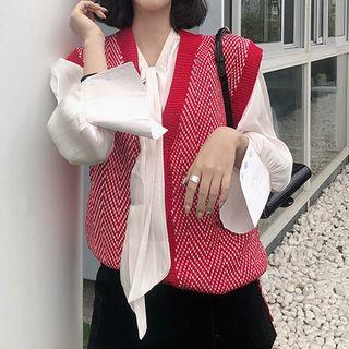 Tie Neck Blouse / Button Knit Vest