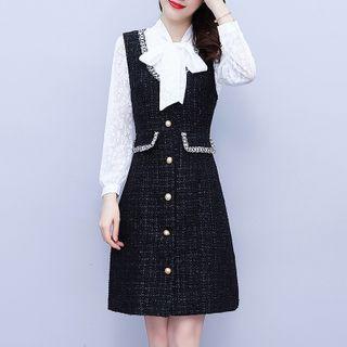 Bow-neck Mock Two-piece Midi A-line Dress