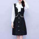 Bow-neck Mock Two-piece Midi A-line Dress