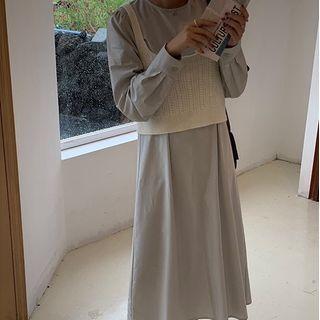 Set: Long-sleeve Midi A-line Dress + Knit Camisole Top