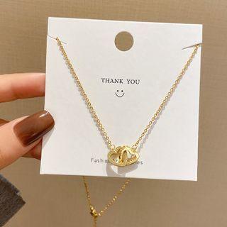 Interlocking Heart Rhinestone Pendant Stainless Steel Necklace X552 - Gold - One Size