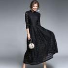 3/4 Sleeve Crewneck High Waist Lace Midi Dress