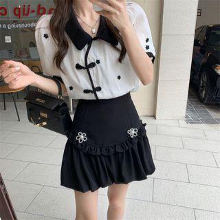 Short-sleeve Floral Embroidered Chiffon Blouse / Frill Trim Mini A-line Skirt