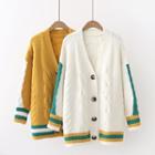 Contrast-trim Cable-knit Cardigan / Lettering Embroidered Shirt