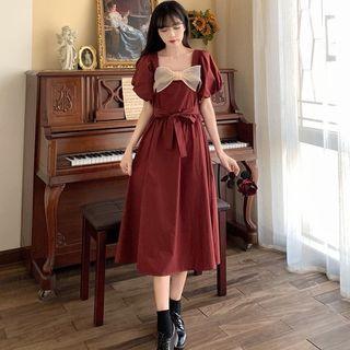 Puff-sleeve Square-neck Mesh Bow Panel A-line Dress