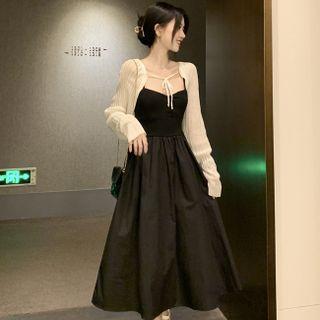 Set : Long-sleeve Cropped Cardigan + Spaghetti-strap Dress
