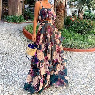 Set: Floral Print Cropped Camisole Top + Tiered Maxi Skirt