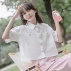 Short-sleeve Floral Shirt / Slit Straight Leg Pants