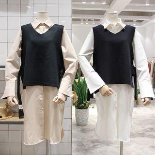 Set: Shirtdress + Side-tie Knit Vest