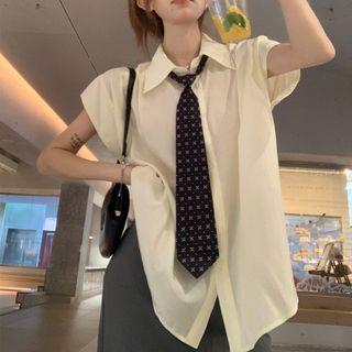 Short-sleeve Plain Loose Fit Shirt & Pattern Tie Shirt - Almond & Tie - Pattern - Black - One Size