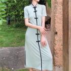 Short-sleeve Chinese Knot Button Knitted Midi Dress Aqua Green - One Size
