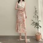 Floral Chiffon Midi Skirt Light Gray & Tangerine - One Size