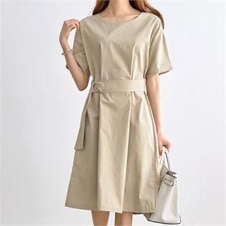 Short-sleeve Cotton Midi Dress With Belt