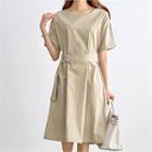 Short-sleeve Cotton Midi Dress With Belt