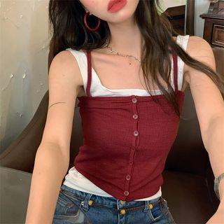 Set: Plain Tank Top + Button-up Camisole Top Wine Red - One Size