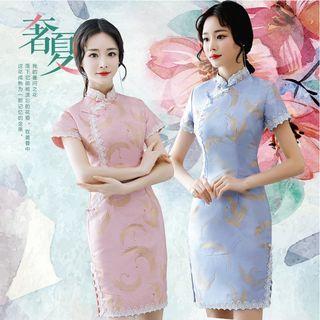 Short-sleeve Bird Patterned Mini Qipao