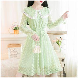 Argyle Pattern Long-sleeve Midi A-line Lace Dress