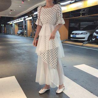 Mesh Panel Dotted Short-sleeve Maxi Dress