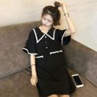 Short-sleeve Crochet Trim Polo Shirt Dress Black - One Size