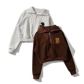 Long Sleeve Collar Zip-detail Lettering Crop Sweatshirt