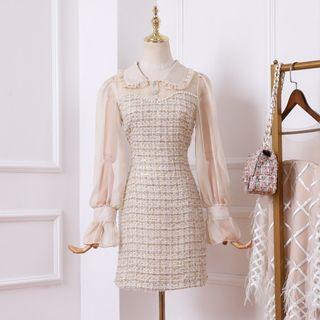 Chiffon Panel Faux Pearl A-line Tweed Dress