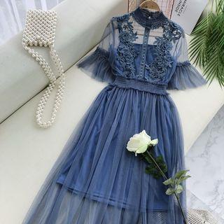 Set: Crochet Trim Elbow Sleeve Mesh Dress + Slipdress
