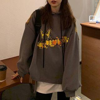 Print Plaid Panel Hoodie Gray - One Size