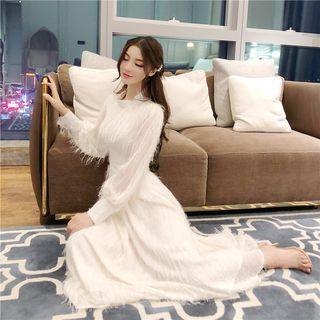Long-sleeve Fringed A-line Midi Dress