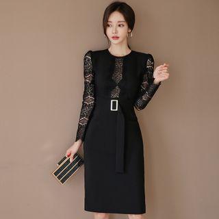 Long-sleeve Belted Lace Sheath Dress