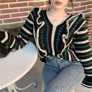 Ruffle Sweater Black & Green - One Size
