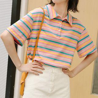 Striped Short-sleeve Polo Shirt Pink - One Size