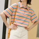 Striped Short-sleeve Polo Shirt Pink - One Size