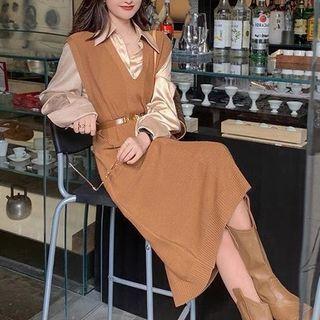 Set: V-neck Knit Midi Overall Dress + Top