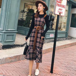 Set: Long-sleeve T-shirt + Sleeveless Plaid Midi Dress
