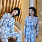 Double-breasted Plaid Jumpsuit Blue - One Size
