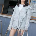 V-neck Ruffle Trim Cardigan Light Gray - One Size
