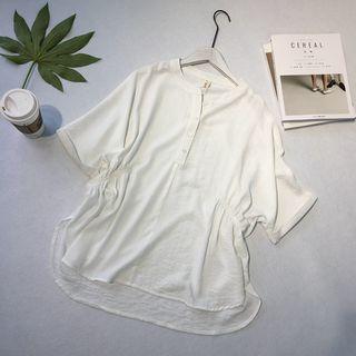 Buttoned Elbow-sleeve Linen Top