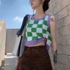 Checkerboard Pattern Knit Crop Tank Top Check - Green & White - One Size