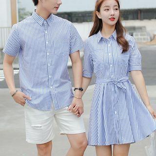 Couple Matching Striped Short-sleeve Shirt Dress / Striped Short-sleeve Shirt
