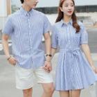 Couple Matching Striped Short-sleeve Shirt Dress / Striped Short-sleeve Shirt