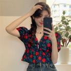 Short-sleeve Floral Top Red Floral - Dark Blue - One Size